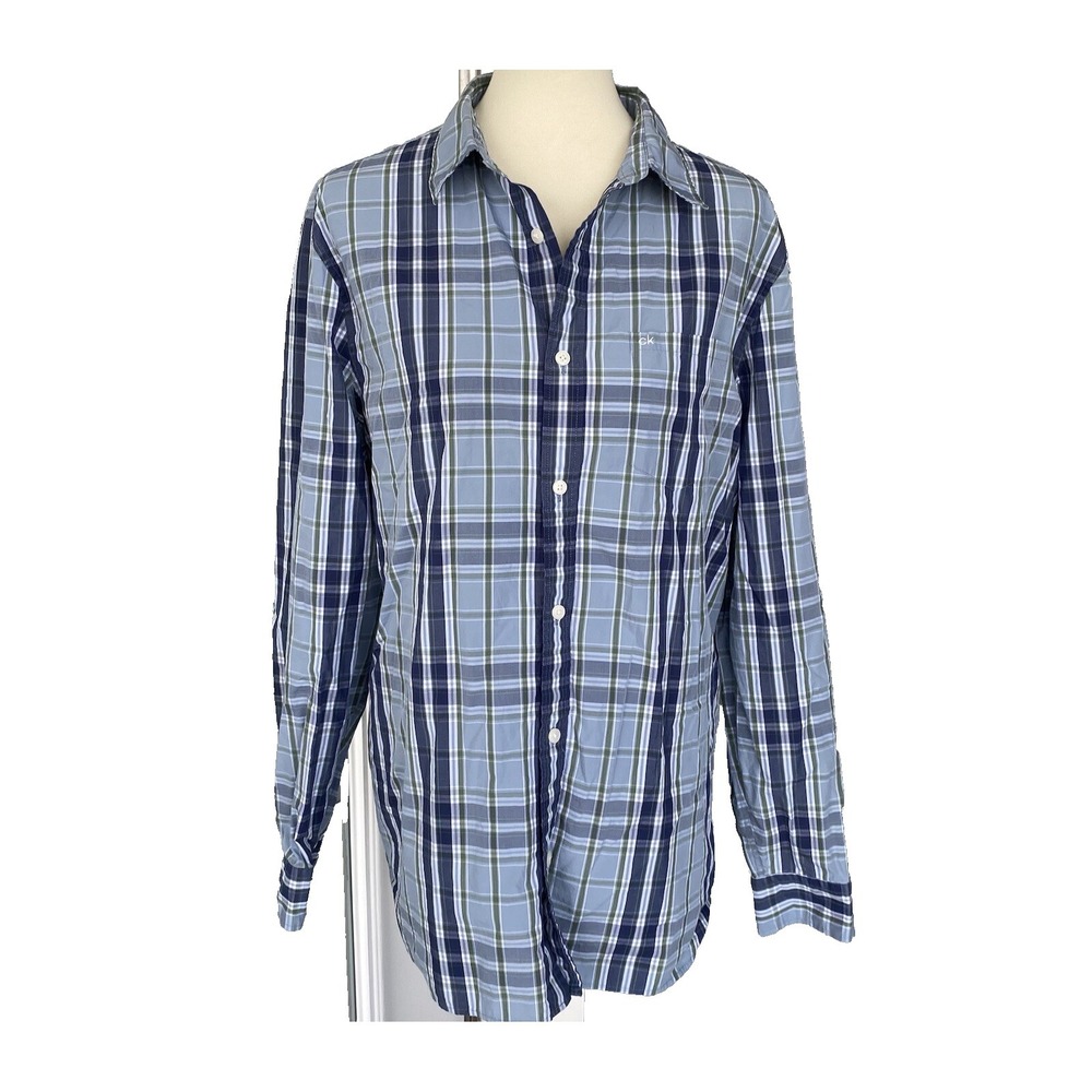 Calvin Klein Mens Shirt L Long Sleeve Plaid Button-Down Blue Multicolor Cotton